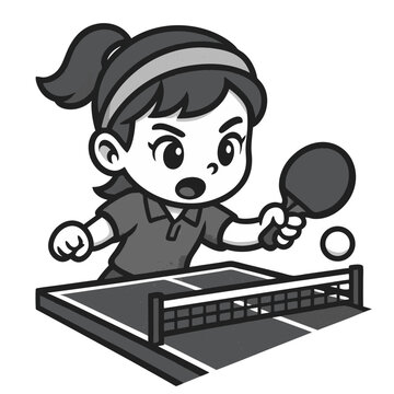 Young girl playing table tennis with focused expression. Cute cartoon style, clear outlines, simplified shapes, large expressive eyes, clean vector look, monochrome palette in shades of gray