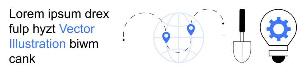 Navigation, global tools, technology, creativity, innovation, problem-solving. Abstract globe with location markers, a shovel gear inside a lightbulb. Navigation and global tools concepts © robu_s