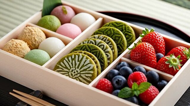 Assortment of Japanese Sweets and Fresh Berries in a Bento Box.