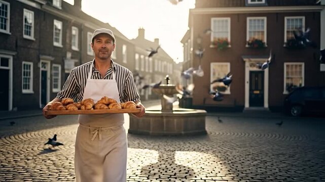 Baker proudly presents fresh pastries in a charming European town square at sunrise.