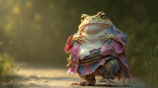 Colorful anthropomorphic frog in vibrant patterned clothing in nature