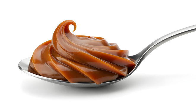 Dulce de leche on metal spoon isolated on white background, rich caramel color and creamy dessert texture.