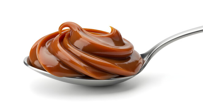 Dulce de leche on metal spoon isolated on white background, rich caramel color and creamy dessert texture.