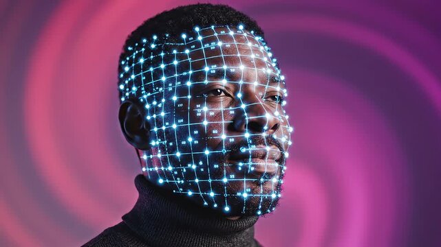 Man with digital face grid on colorful background