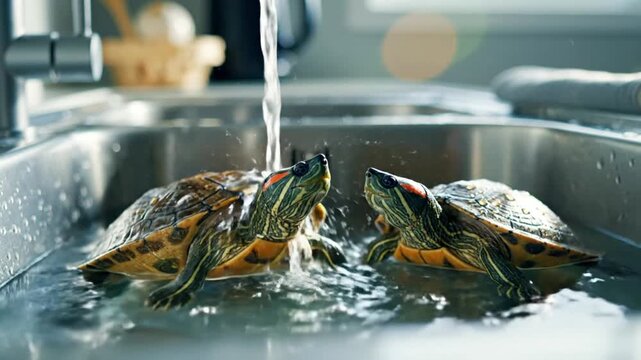 Two red-eared sliders enjoying a refreshing bath in a stainless steel sink with running water on a sunny day