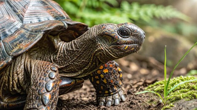 Closeup view of the head and body of a red-footed tortoise in its natural habitat, with vibrant shell detail
