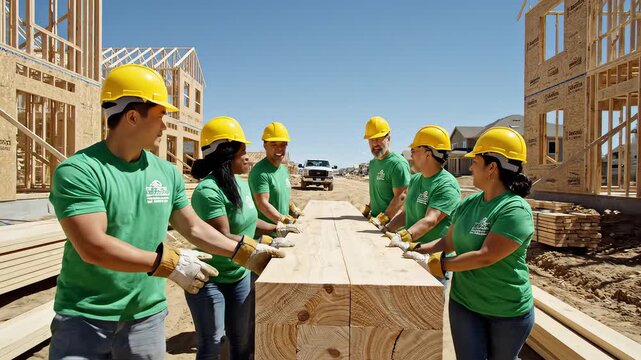 construction workers lifting wood beam