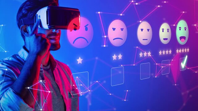 A man uses a virtual reality headset, engaging with emotion icons and feedback charts in a vibrant digital space, illustrating modern technology and interaction. Raster