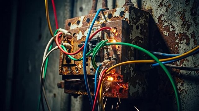 Electrical hazard sparks fly from tangled wires.
