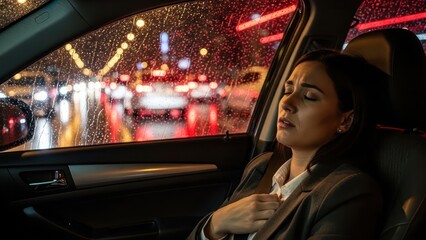 Tired commuter resting during a rainy city drive in a car at night time
