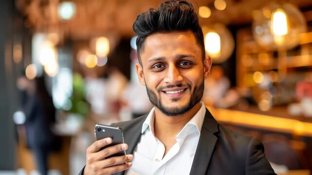 Smiling Professional Holding Phone: A well-dressed individual radiates positivity, holding a smartphone, representing connection and the modern professional world.