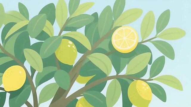 Fresh lemon tree branch with ripe and sliced lemons, ideal for natural food and beverage themes in designs and marketing materials.