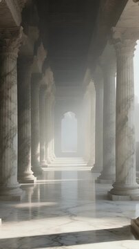 Majestic marble columns create a serene atmosphere in a grand architectural setting, ideal for interior design and luxury themes.