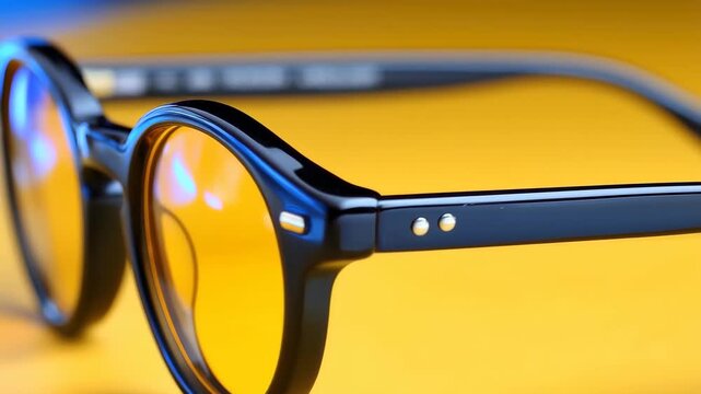 The Spectacle's Elegance: A close-up captures the refined detail of fashionable eyeglasses, highlighting their design against a vibrant background.