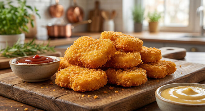 Golden crispy chicken nuggets piled on a wooden board with ketchup and mustard dips in a sunny kitchen, capturing a delicious savory fast food snack.