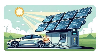 Illustrative future concept showing electric vehicle connected to solar charging system