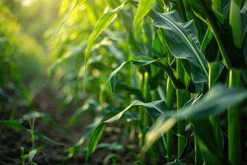 Obraz premium young green and healthy corn or maize leaves at agriculture plantation field beside farm.