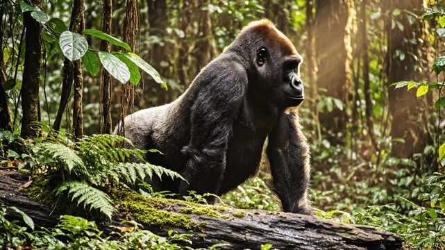 Majestic silverback gorilla pauses on a fallen log in lush rainforest environment, observing its surroundings.