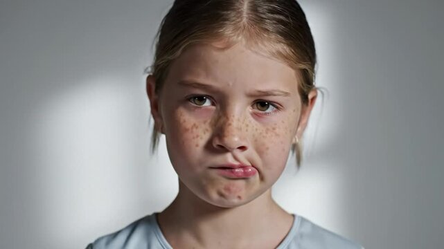 Upset girl makes a pouty face, showing emotion of disappointment and sadness while looking into the camera