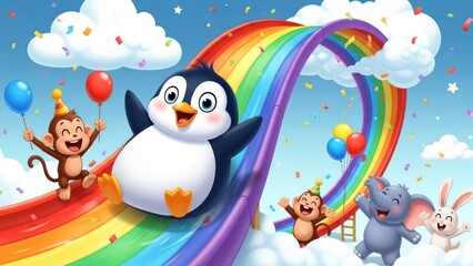 Playful animal cartoon friends enjoying a rainbow slide adventure filled with colorful confetti