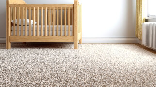 Natural wood baby crib rests upon plush cream colored carpet inside a bright room