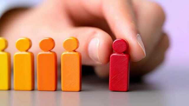 Selecting the Ideal Candidate: A hand selects a vibrant red figure from a line of diverse, colorful figurines. Demonstrating a focus on making the right choice.