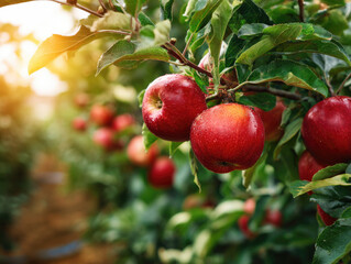 fresh and healthy red Sekai Ichi japanese apples fruit with green leaves background plantation garden farm.	