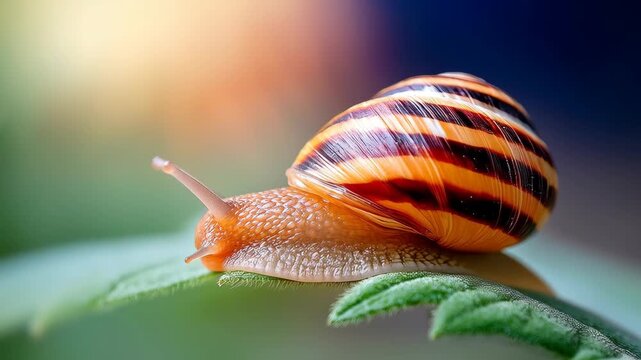 Snail's slow journey: A close-up showcases a snail gracefully navigating a verdant leaf, its striped shell gleaming in the sunlight, depicting the beauty of nature's smallest travelers.