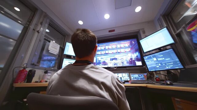 Control Room Operator: An individual intently focused in a high-tech control room, immersed in a complex array of screens and technology, overseeing critical operations.