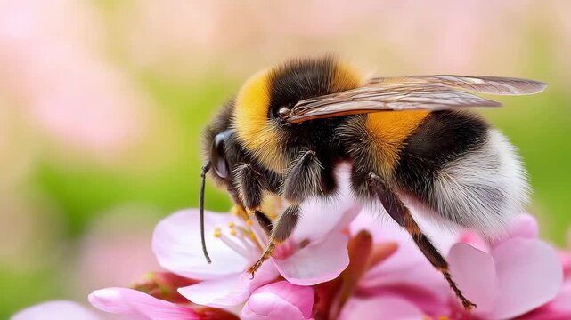 Buzzing Beauty: A close-up showcases a bumblebee diligently collecting nectar from a delicate pink flower. The image is a celebration of life, showcasing the symbiosis between insect and flora.