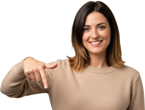 Woman pointing down with happy expression.
