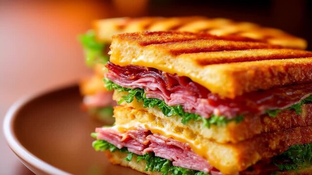 Grilled Sandwich Close-up: a golden-brown grilled sandwich, tantalizingly stacked with layers of savory meat and fresh, vibrant lettuce, rests on a plate, capturing the essence of a satisfying meal.