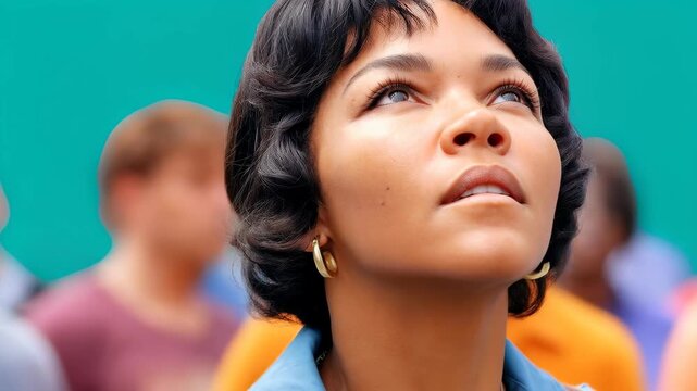 Seeking Inspiration: A woman gazes upward with hopeful eyes, radiating a sense of wonder and aspiration. The scene is infused with an air of contemplation and spiritual reflection.