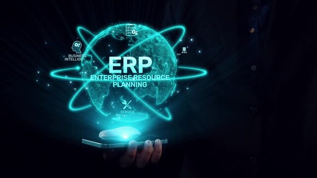 ERP platform visual showing centralized system for enterprise resource planning, improving integration, data flow, business efficiency, finance, inventory, and human resources. Elide