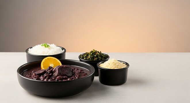 Brazilian kitchen. Feijoada in a matte black ceramic bowl with separate ramekins of white rice, farofa, and a small portion of saut&eacute;ed collard greens; a single orange slice accent.