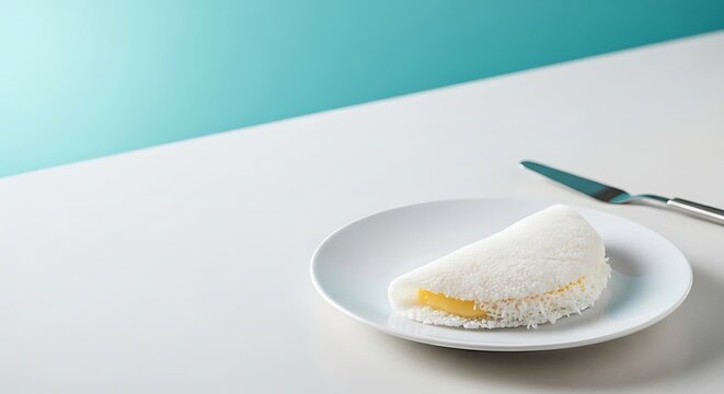 Folded tapioca (beiju) half-moon on a white plate, a subtle hint of filling (cheese or coconut)