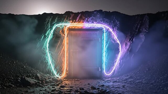 Mysterious Portal Glowing with Neon Lights in a Dark Landscape.