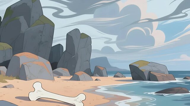 Coastal scene with rocky cliffs and sandy beach, featuring a large bone, ideal for pets or outdoor themes in creative projects.