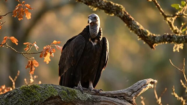 Black vulture perched on a tree branch in a sunlit autumnal forest scene with golden foliage and moss