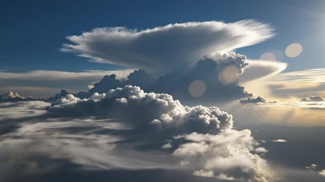 Epic cloudscape view with a massive cumulonimbus thunderhead and sun rays piercing the atmosphere