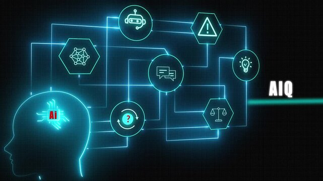Futuristic neon cyan animation of human silhouette representing artificial intelligence quotient AIQ machine learning neural network and digital technology innovation.
