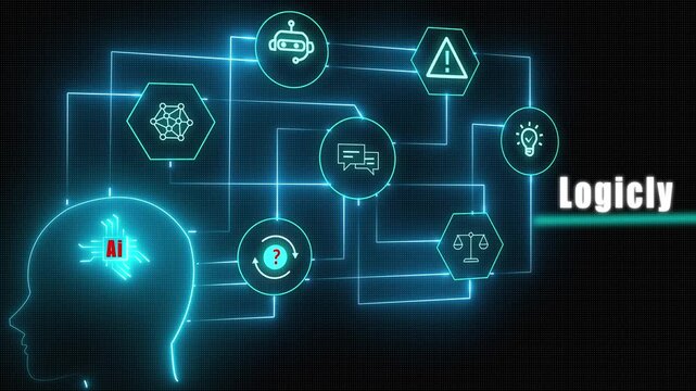 Futuristic neon cyan animation of human head silhouette representing logically structured thinking artificial intelligence neural network and rational decision making processes.
