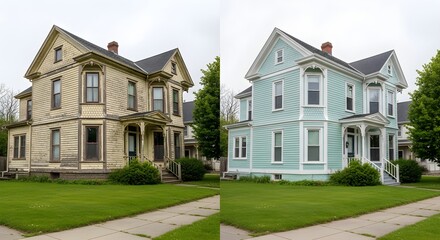 Fototapeta premium Before and After a House Renovation with Fresh Paint and Restored Curb Appeal