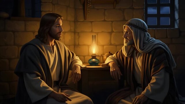 Jesus Christ conversing with Nicodemus the Pharisee at a table during the night. Biblical scene of spiritual teaching lit by a warm oil lamp. Religious discussion concept.