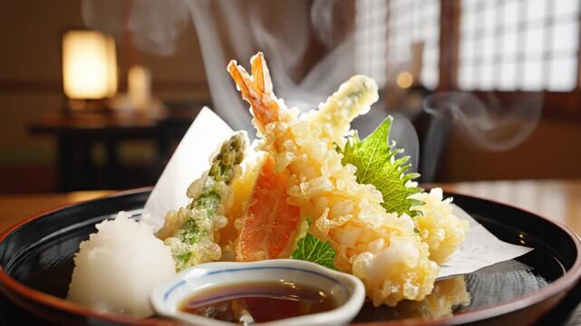 Japanese tempura on a black lacquer tray served with grated daikon radish and dipping sauce, close up