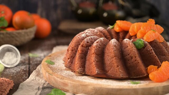 A golden-brown citrus bundt cake sits on a wooden platter, dusted with icing sugar and garnished with vibrant orange slices. The warm, moody lighting highlights the moist texture of the crumb.