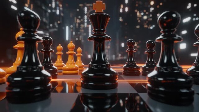 Digital Chessboard with Glowing Pieces in Futuristic Cityscape