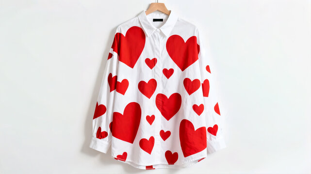 White oversized button-down shirt with vibrant red heart pattern for Valentine's Day fashion.