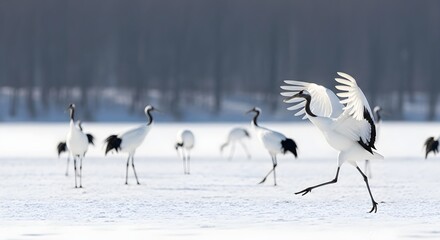 Fototapeta premium Japanese Red-crowned Cranes Dancing in the Snow Covered Field on a Sunny Day