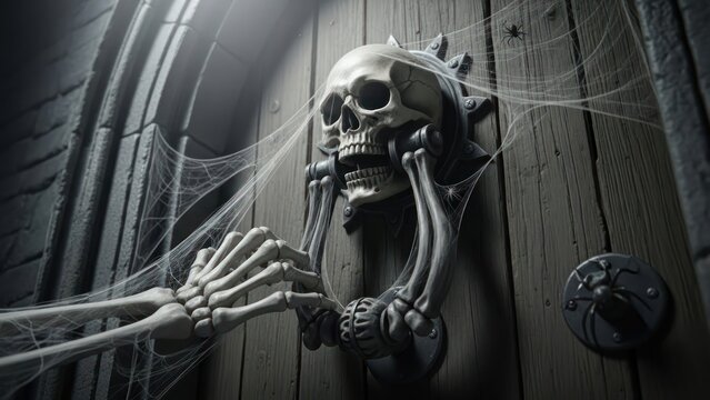 Spooky entrance with skull doorknocker and skeletal hand covered in cobwebs design idea